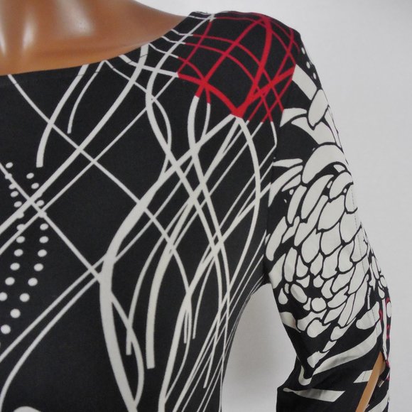 CHICO'S Top M Sz 1 Black/Red/Tan Blouse Stretch 3/4 Split Sleeves Casual Party - Picture 3 of 11